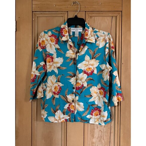 Jones New York Tops - Jones New York Vintage 90s Floral Linen Hawaiian Shirt Small Petite Blue SP EXC